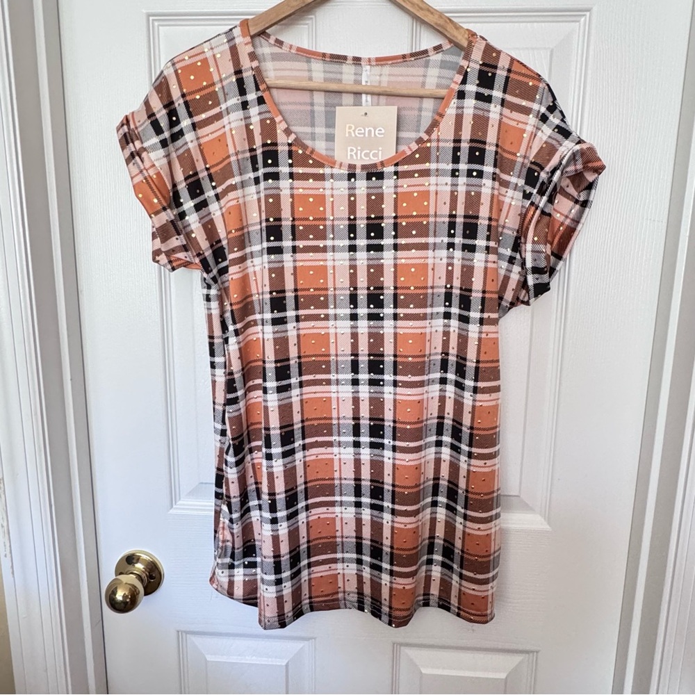 Rene Ricci Short Sleeve Plaid Top Sz L